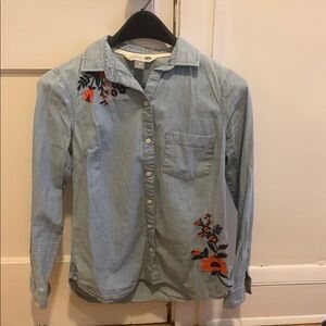 Embroidered Chambray Button-Up Shirt, XS